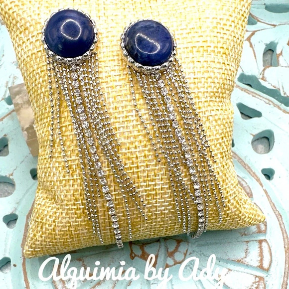 Lapis Lazuli oversized tassels  Dangle maximalist silver statement earrings - Picture 1 of 5